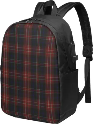 Macdonald Tartan Plaid Black Red Usb Travel Laptop Backpack – Durable Polyester Backbag With Charging Port & Headphone Jack