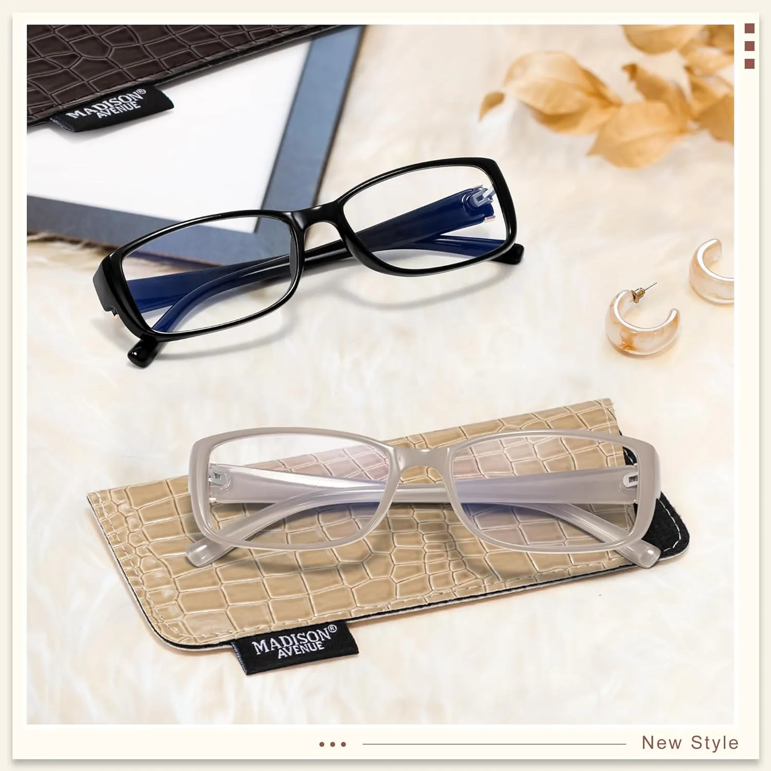 Madison Avenue 2 Pack Classic Blue Light Blocking Reading Glasses for Women, Vintage Anti Glare/Eyestrain Computer Readers Black/Nude Beige  3.0