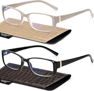 Madison Avenue 2 Pack Classic Blue Light Blocking Reading Glasses for Women, Vintage Anti Glare/Eyestrain Computer Readers Black/Nude Beige  3.0
