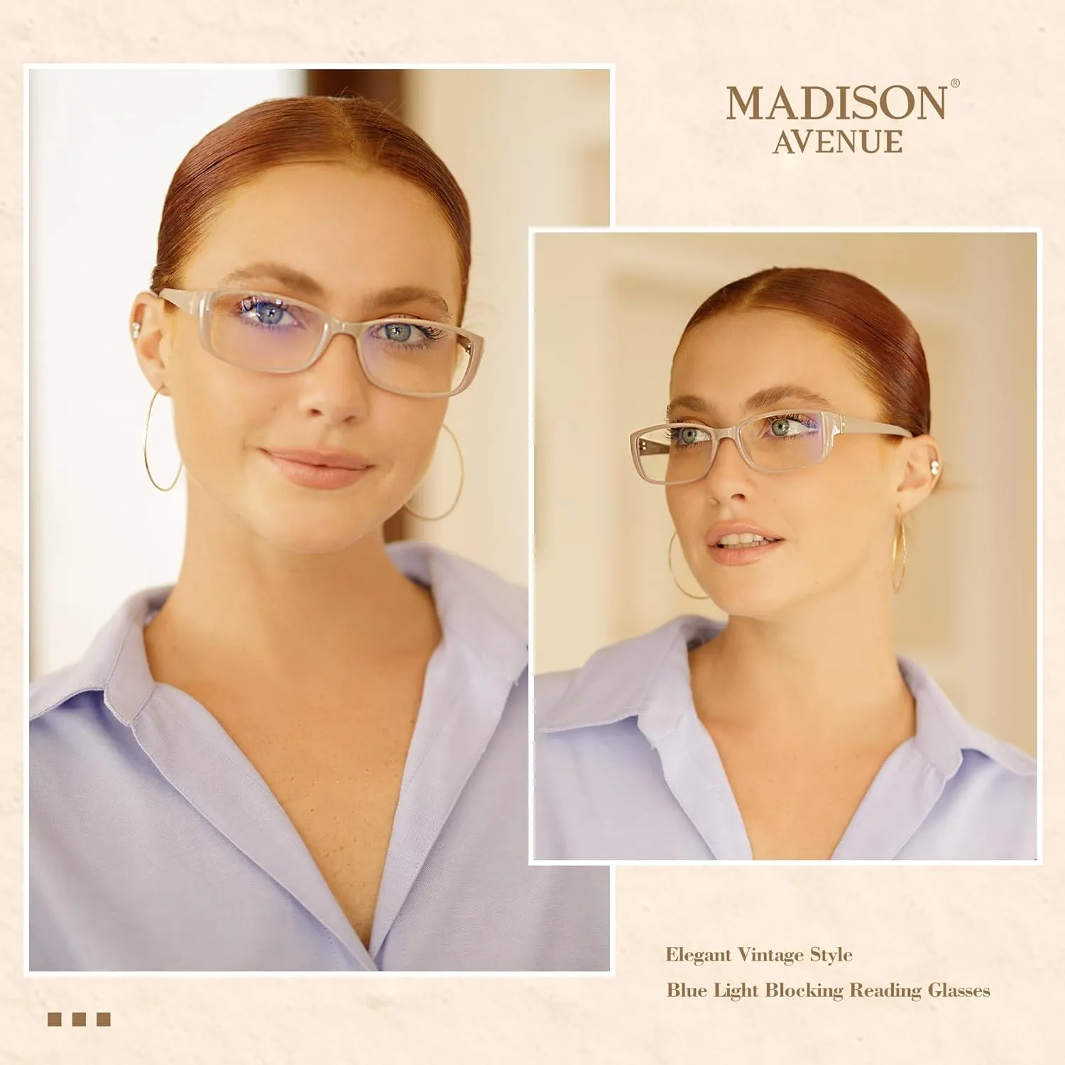Madison Avenue 2 Pack Classic Blue Light Blocking Reading Glasses for Women, Vintage Anti Glare/Eyestrain Computer Readers Black/Nude Beige  3.0