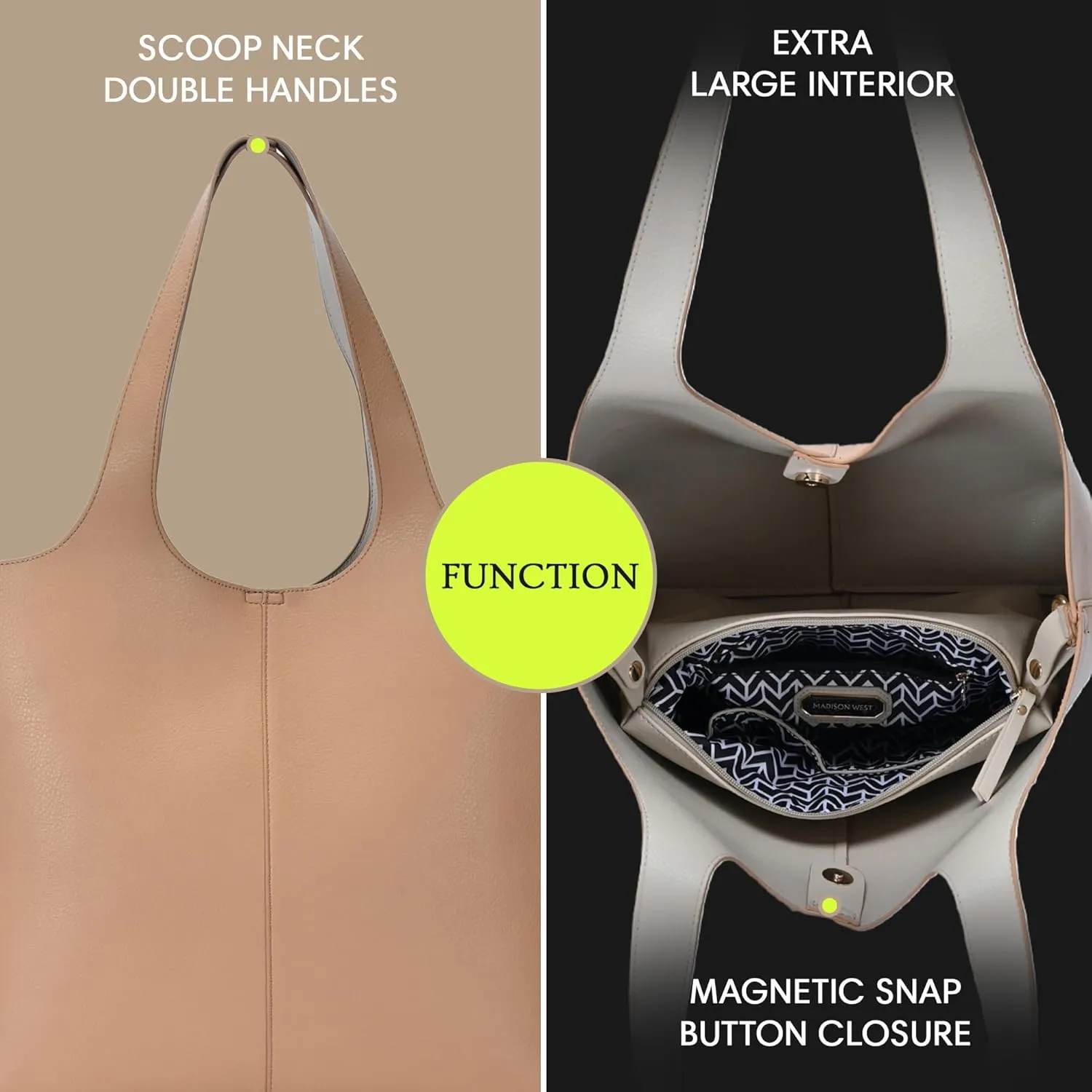 Madison West Elle Tote | Vegan Leather Tote Bags for Women with Double Handles and Scoop neck | 17.5" L x 6" W x 13" H