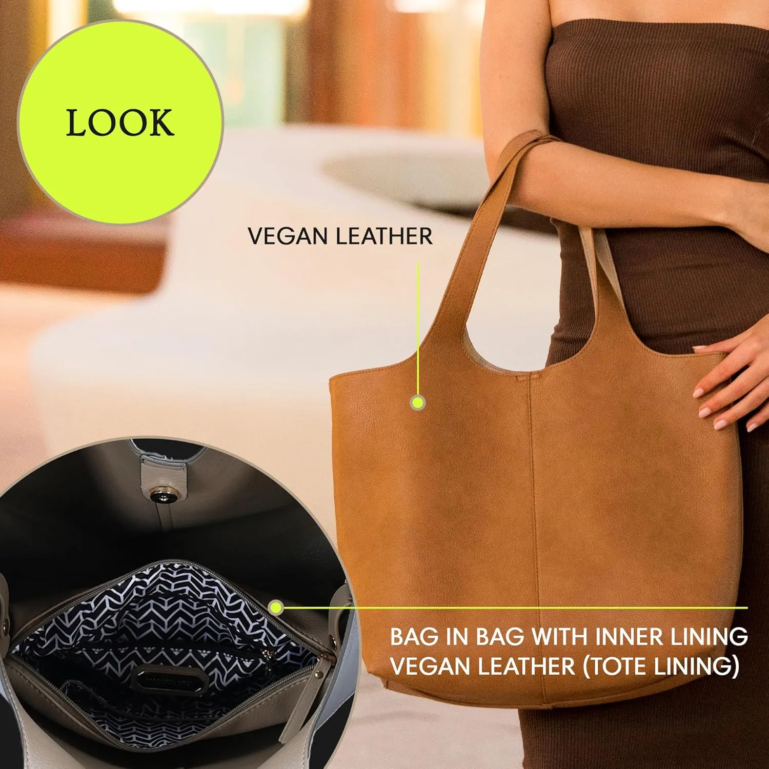 Madison West Elle Tote | Vegan Leather Tote Bags for Women with Double Handles and Scoop neck | 17.5" L x 6" W x 13" H