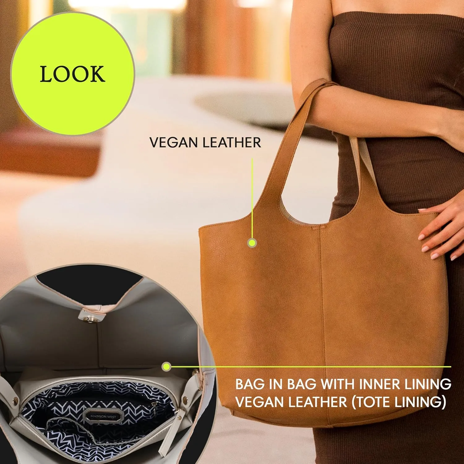 Madison West Elle Tote | Vegan Leather Tote Bags for Women with Double Handles and Scoop neck | 17.5" L x 6" W x 13" H