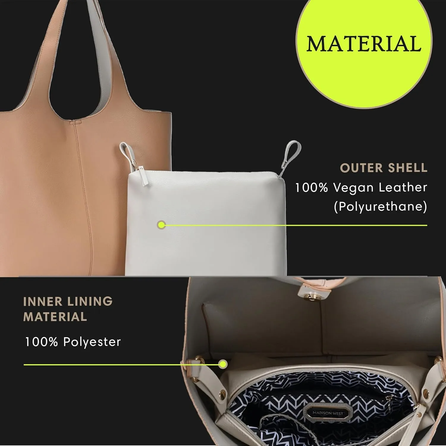 Madison West Elle Tote | Vegan Leather Tote Bags for Women with Double Handles and Scoop neck | 17.5" L x 6" W x 13" H