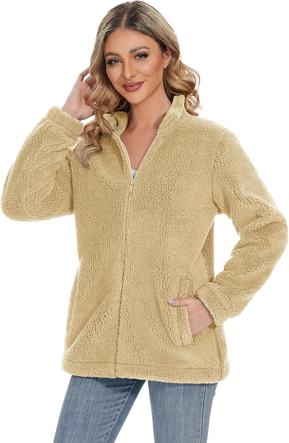 MAGCOMSEN Women Sherpa Jacket Full Zip Fuzzy Teddy Coat with Pockets Fleece Lined Warm Winter Casual Outfits