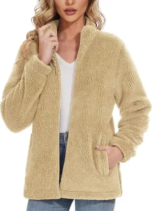 MAGCOMSEN Women Sherpa Jacket Full Zip Fuzzy Teddy Coat with Pockets Fleece Lined Warm Winter Casual Outfits