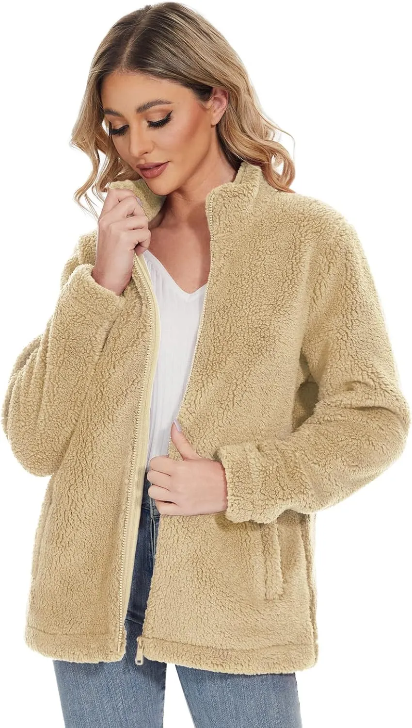MAGCOMSEN Women Sherpa Jacket Full Zip Fuzzy Teddy Coat with Pockets Fleece Lined Warm Winter Casual Outfits