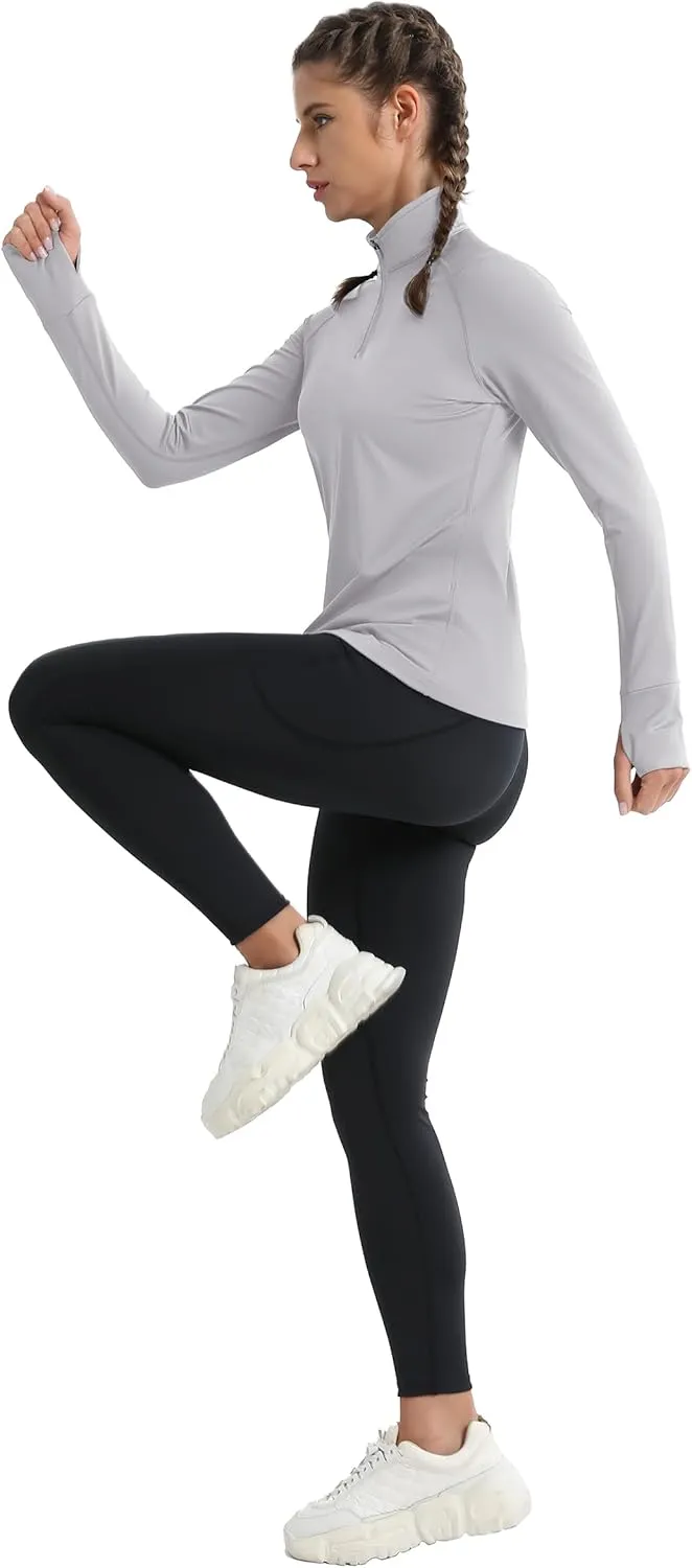 MAGCOMSEN Women's Running Shirts Quarter Zip Fleece Pullover Long Sleeve Thumb Hole Tee Athletic Workout Tops