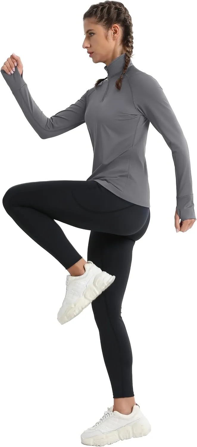 MAGCOMSEN Women's Running Shirts Quarter Zip Fleece Pullover Long Sleeve Thumb Hole Tee Athletic Workout Tops
