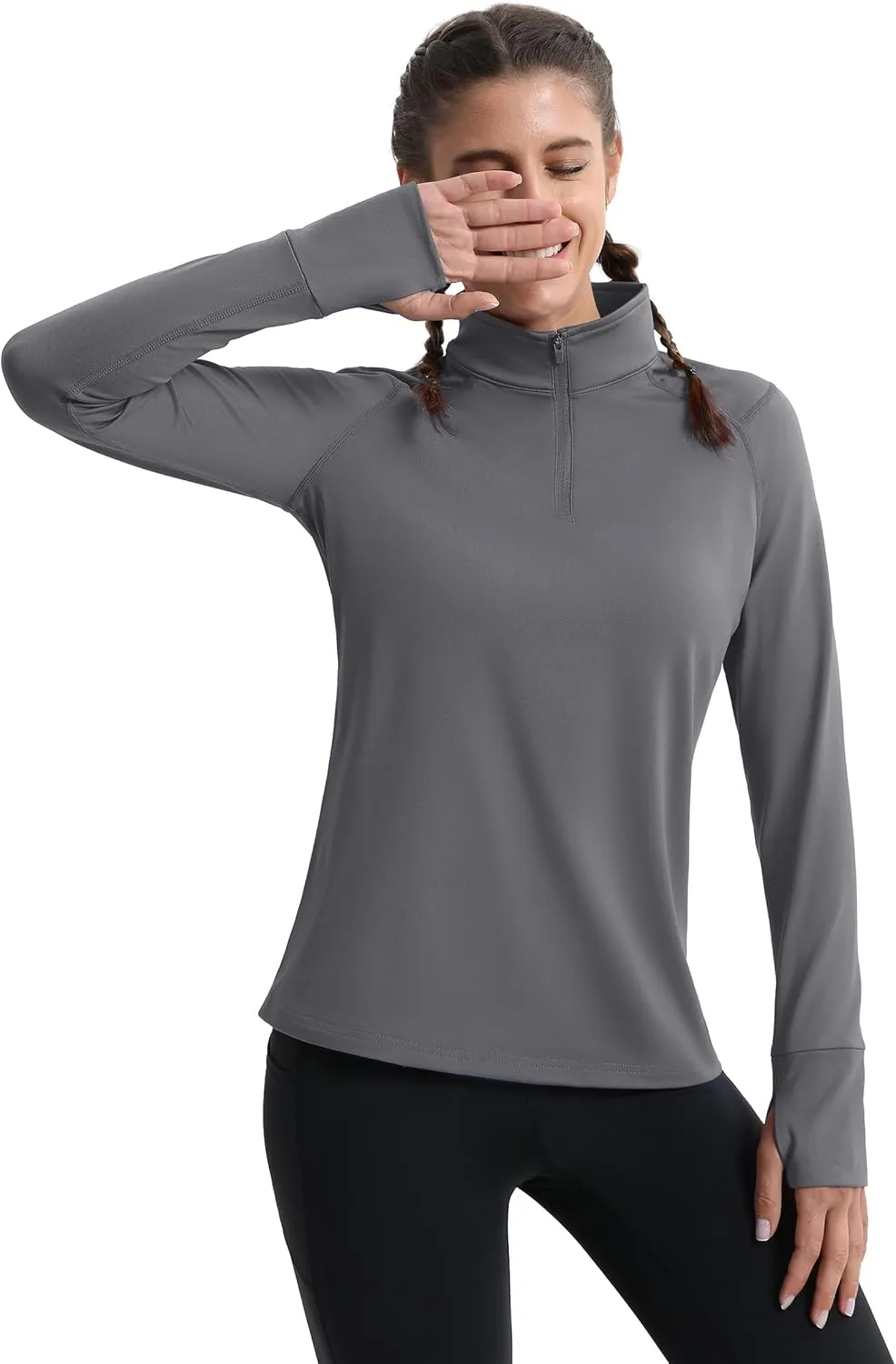 MAGCOMSEN Women's Running Shirts Quarter Zip Fleece Pullover Long Sleeve Thumb Hole Tee Athletic Workout Tops
