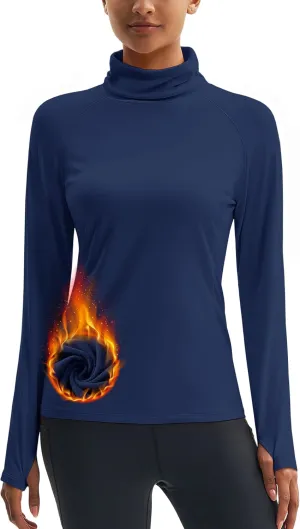 MAGCOMSEN Women's Thermal Long Sleeve Fleece Shirt Mock Turtleneck Undershirt Running Workout Top with Thumb Holes