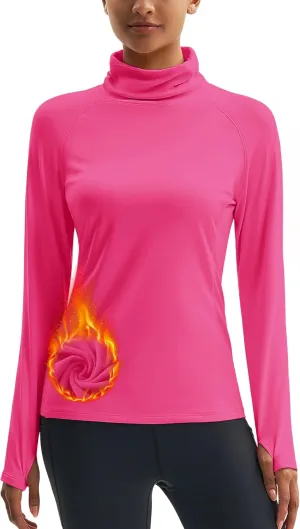 MAGCOMSEN Women's Thermal Long Sleeve Fleece Shirt Mock Turtleneck Undershirt Running Workout Top with Thumb Holes