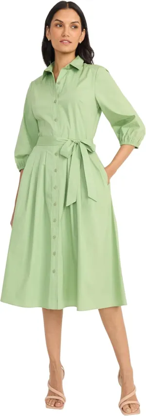 Maggy London Women's Button Down Collared Midi Dress with Pockets-3/4 Balloon Sleeve-A-line Shirtdress