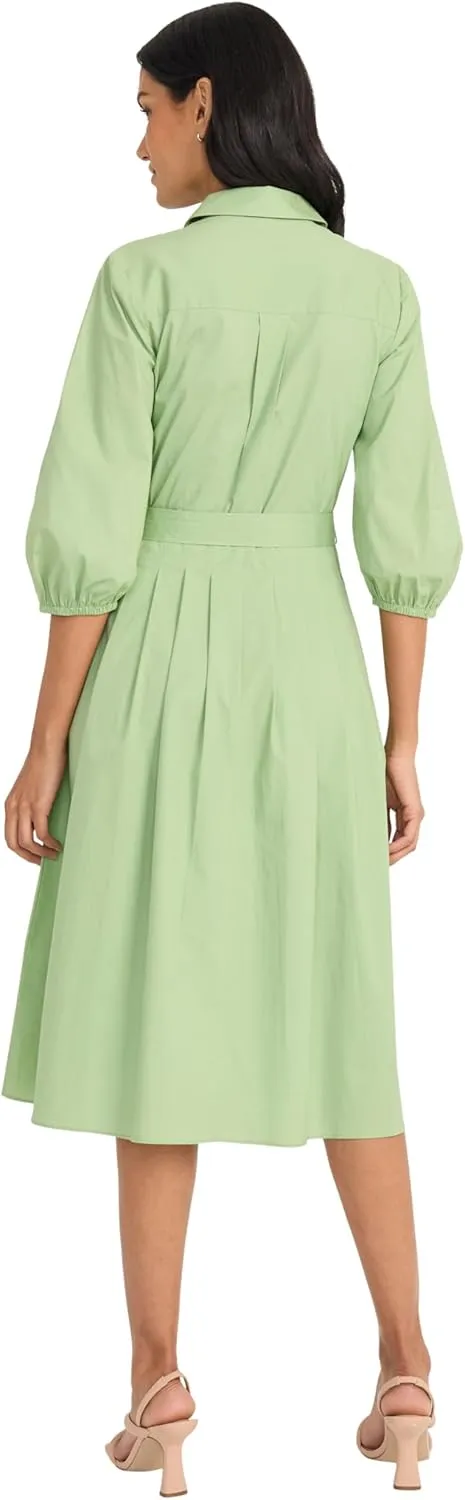 Maggy London Women's Button Down Collared Midi Dress with Pockets-3/4 Balloon Sleeve-A-line Shirtdress