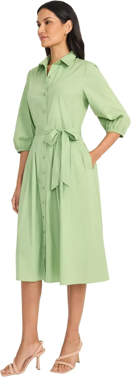Maggy London Women's Button Down Collared Midi Dress with Pockets-3/4 Balloon Sleeve-A-line Shirtdress