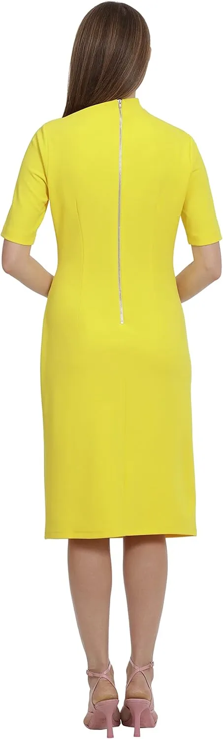 Maggy London Women's Side Pleat Dress with Asymmetric Neck and Elbow Sleeves