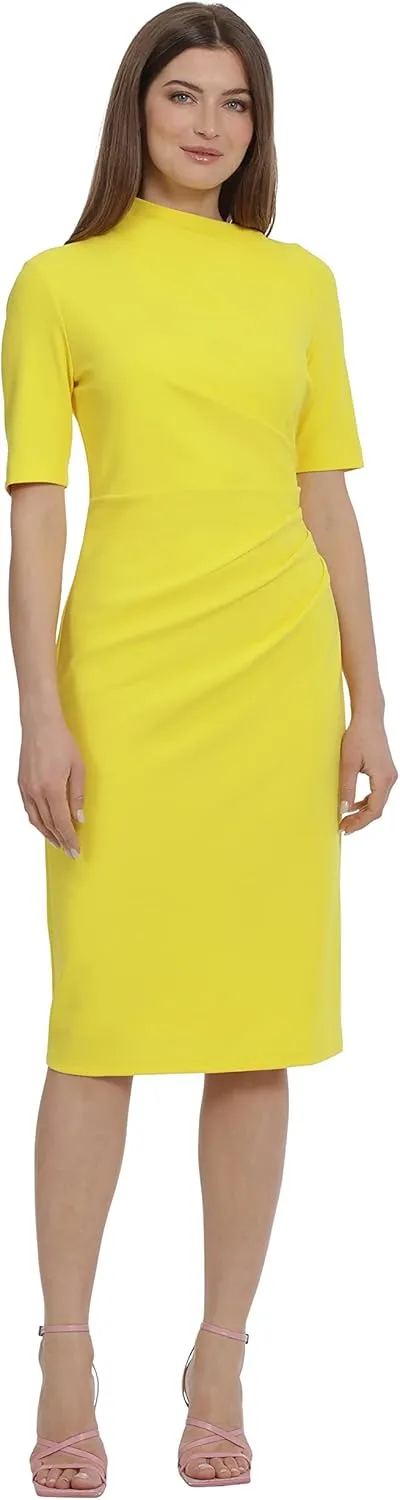 Maggy London Women's Side Pleat Dress with Asymmetric Neck and Elbow Sleeves