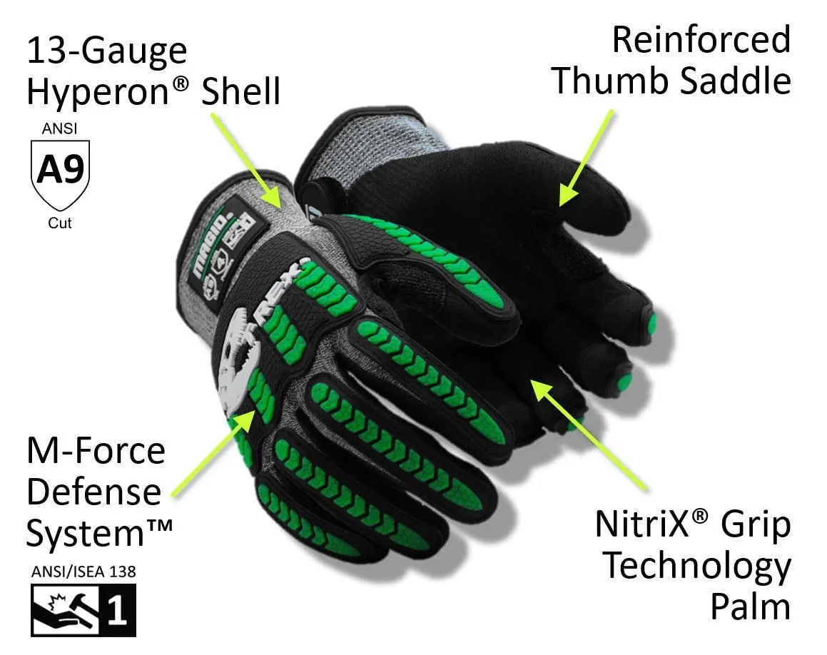 MAGID T-REX Flex Series ANSI Cut Level A9 Knit Impact Glove, 1 Pair, NitriX Palm, Size 11/XXL, Black & Green, TRX795