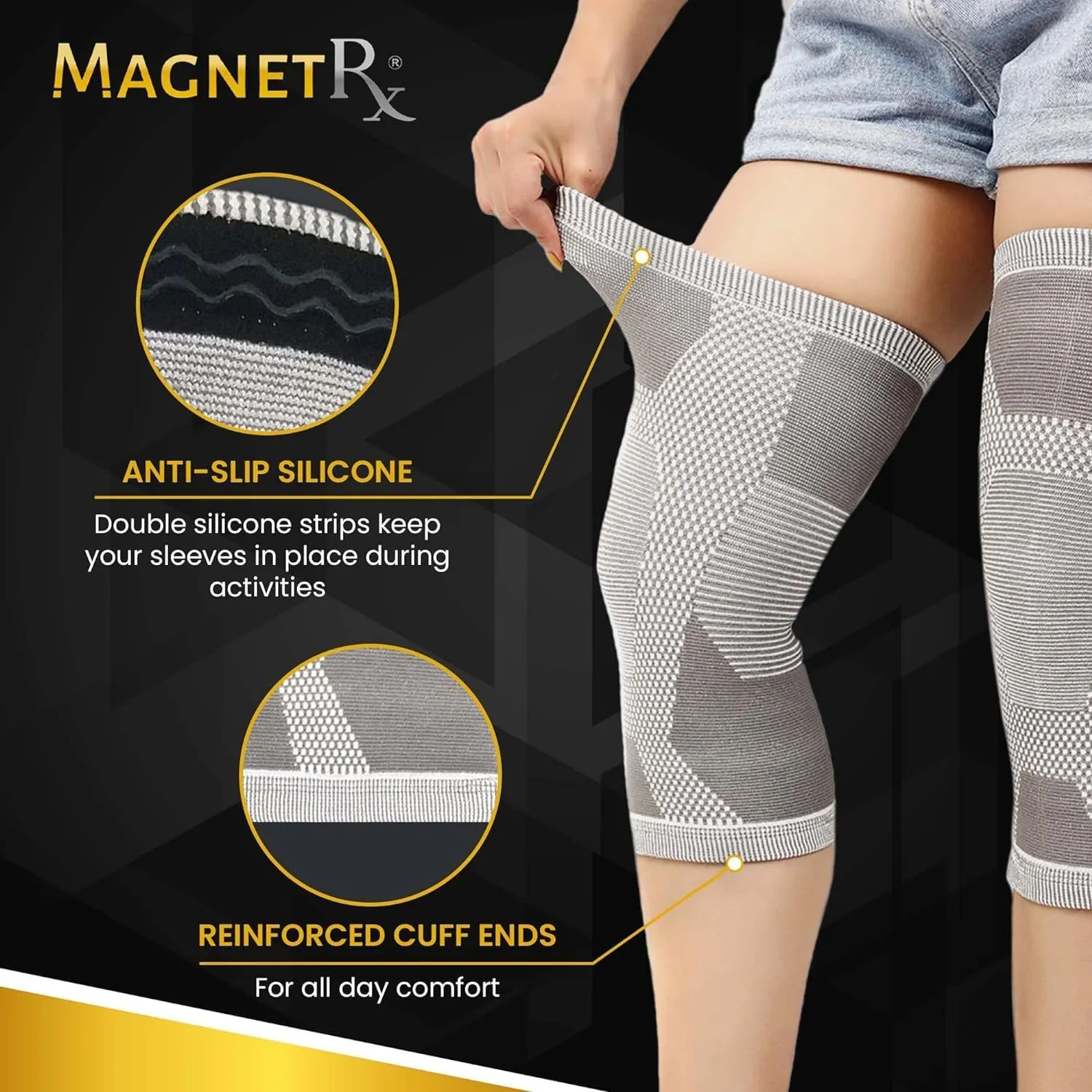 MagnetRX® Magnetic Knee Sleeve – (2-Pack) Effective Compression Knee Brace with Magnets for Knee Comfort & Recovery – Magnetic Knee Brace Support (Medium)