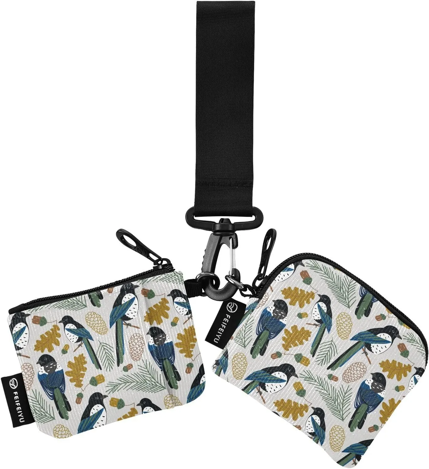 Magpie and Coniferous Branch Wristlet Wallet for Women, Detachable Dual Pouch Wristlet, Mini Zip Around Wallet Portable Coin Purses