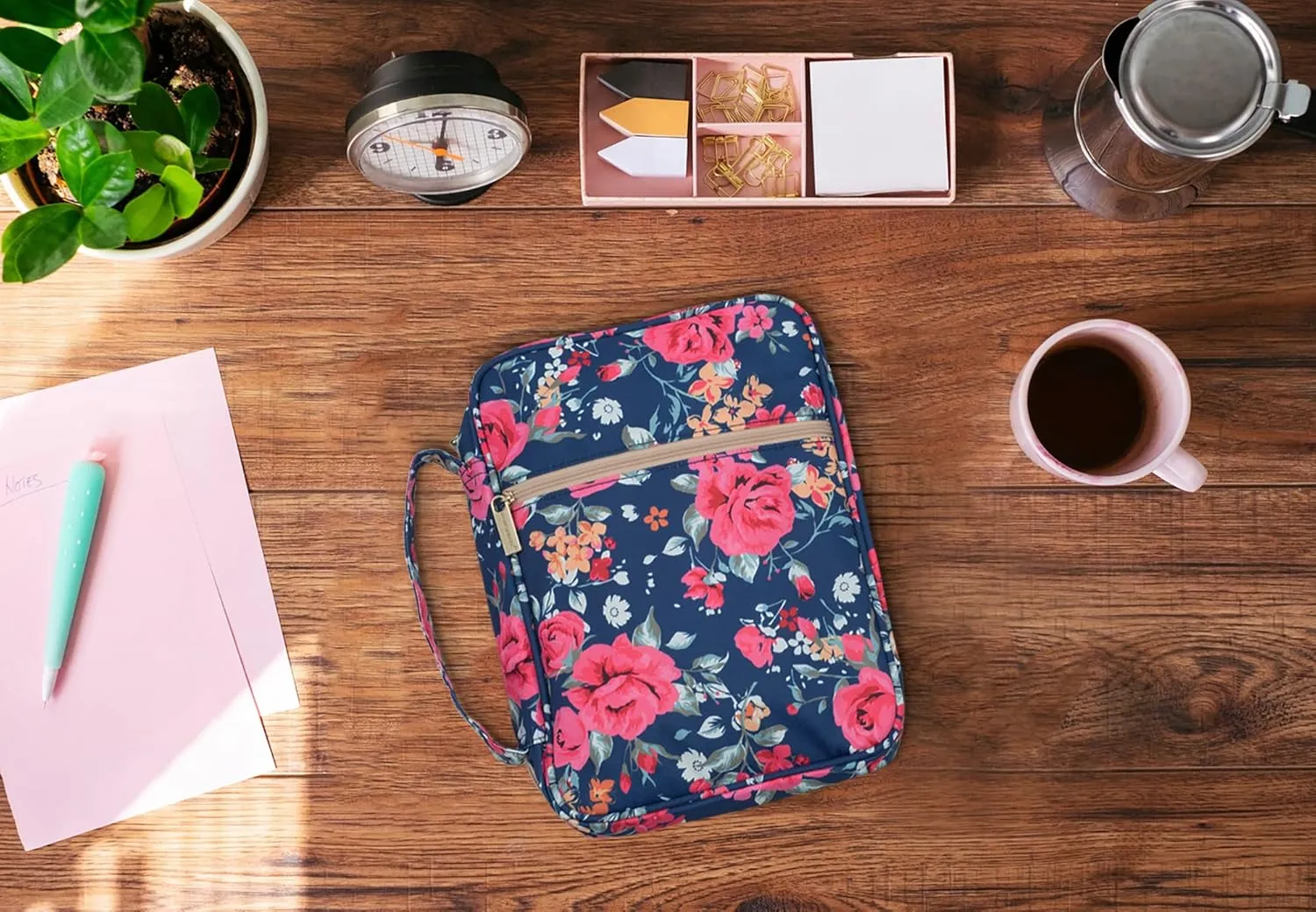 Mary Square 22334 Augusta Pink Floral Pattern 8 x 10.5 Inch Polyester Zippered Bible Cover Case with Handle