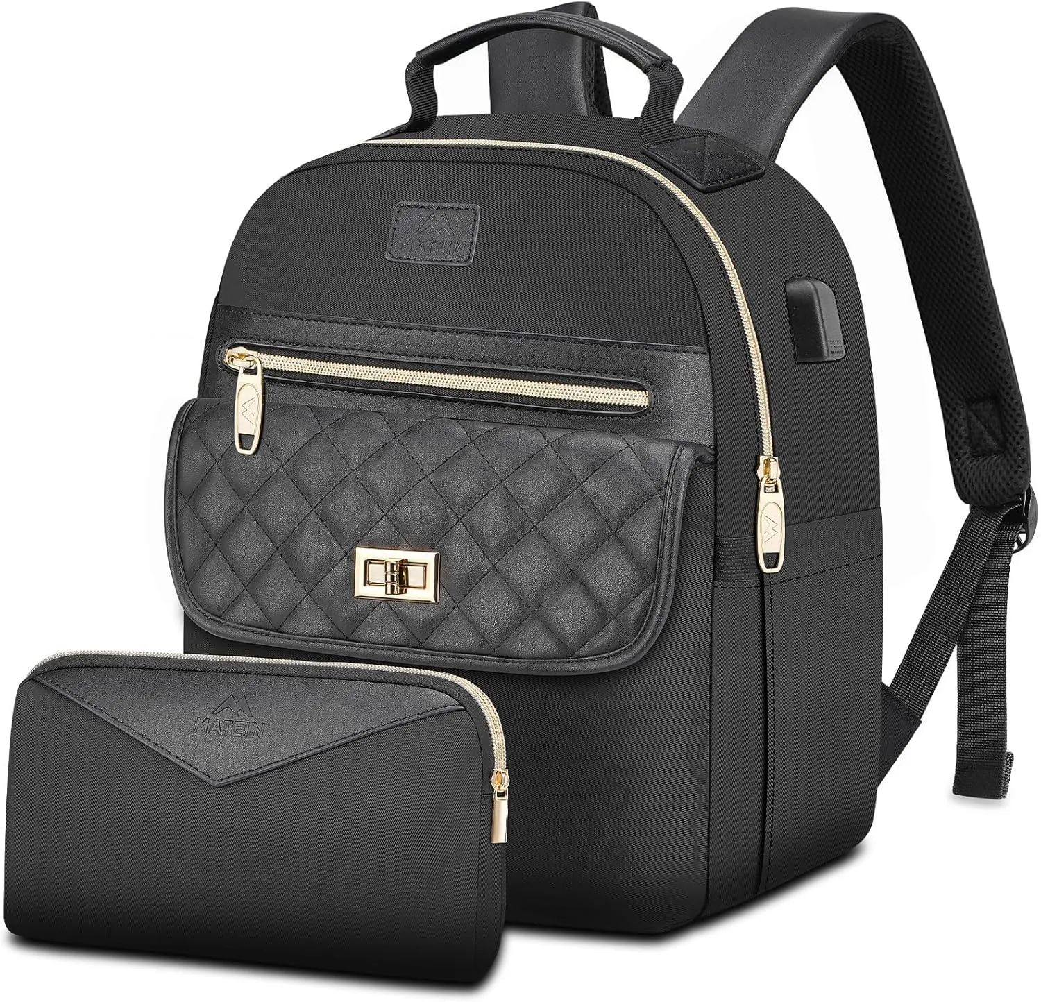 MATEIN Small Backpack for Women, Water Resistant Mini Backpack Purse with Wallet, Fashion Anti Theft Cute Daypack with RFID Pocket, Lightweight Work Bag with USB Charger for Travel,Everyday,2pcs,Black