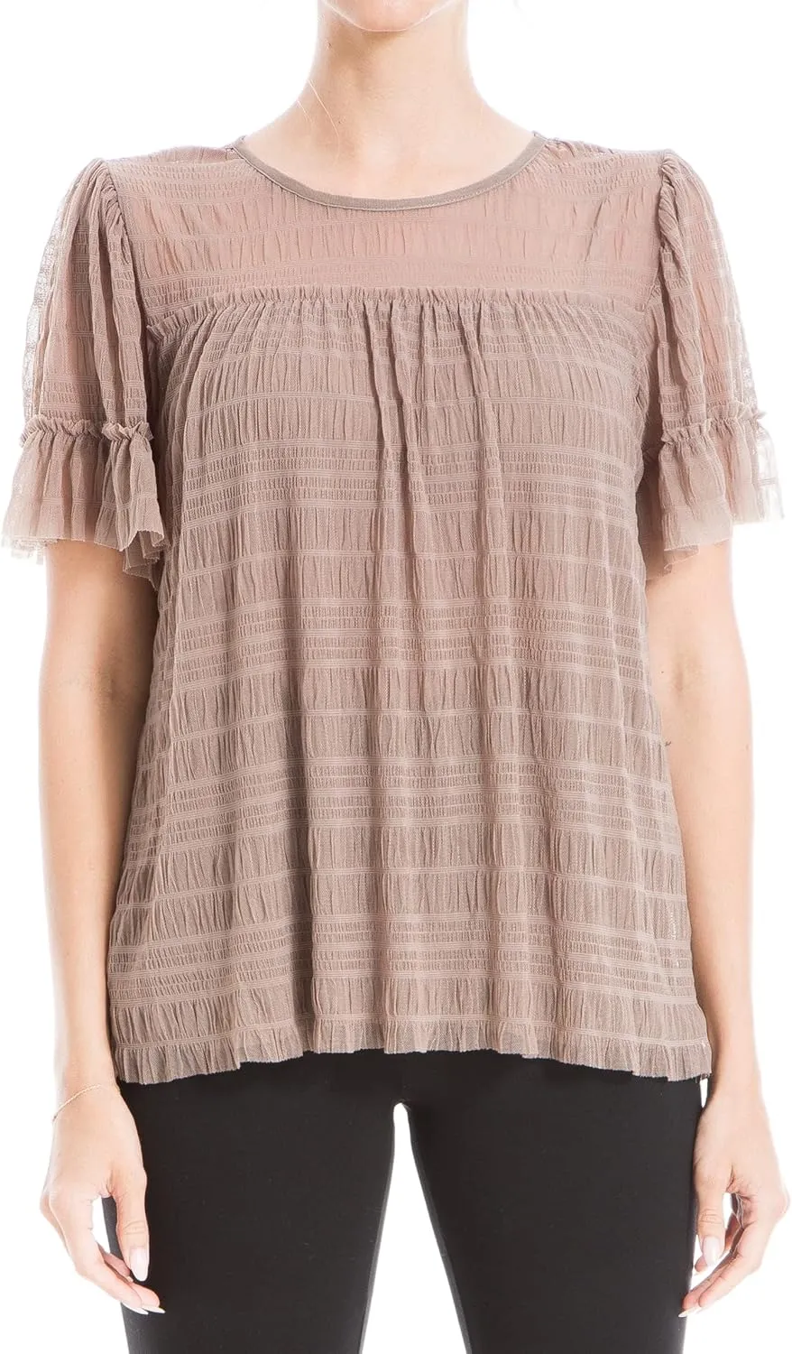 Max Studio Women's Mesh Lace Short Sleeve Knit Top