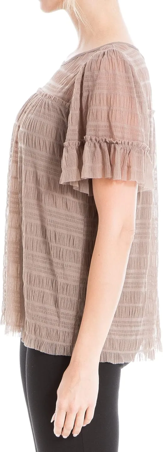 Max Studio Women's Mesh Lace Short Sleeve Knit Top