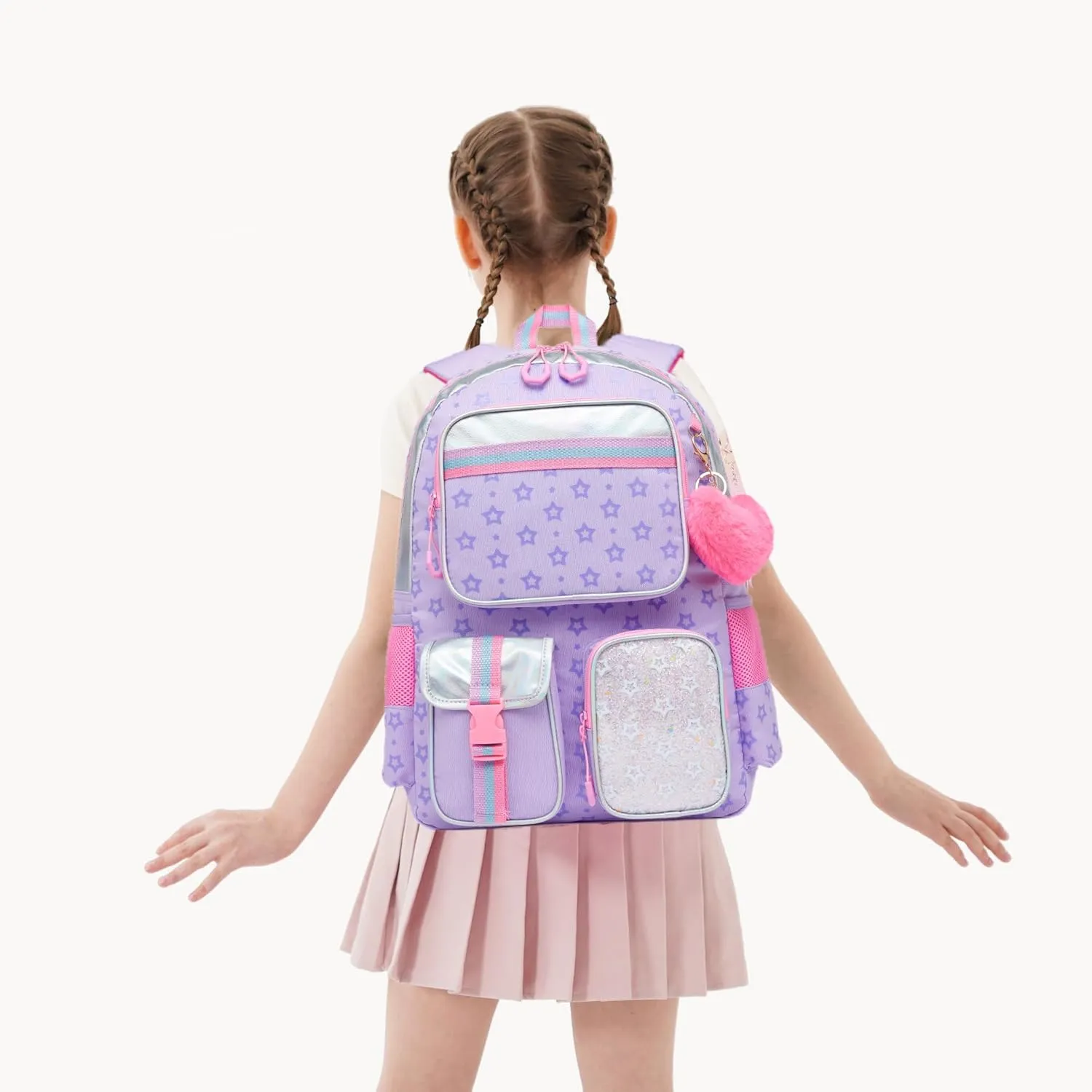Meetbelify Backpack with Wheels for Girls Rolling Backpack Cute Carry on Backpack with Lunch Box for Elementary Student Teen Girls Luggage Travel Suitcase Girls 8-10 Purple