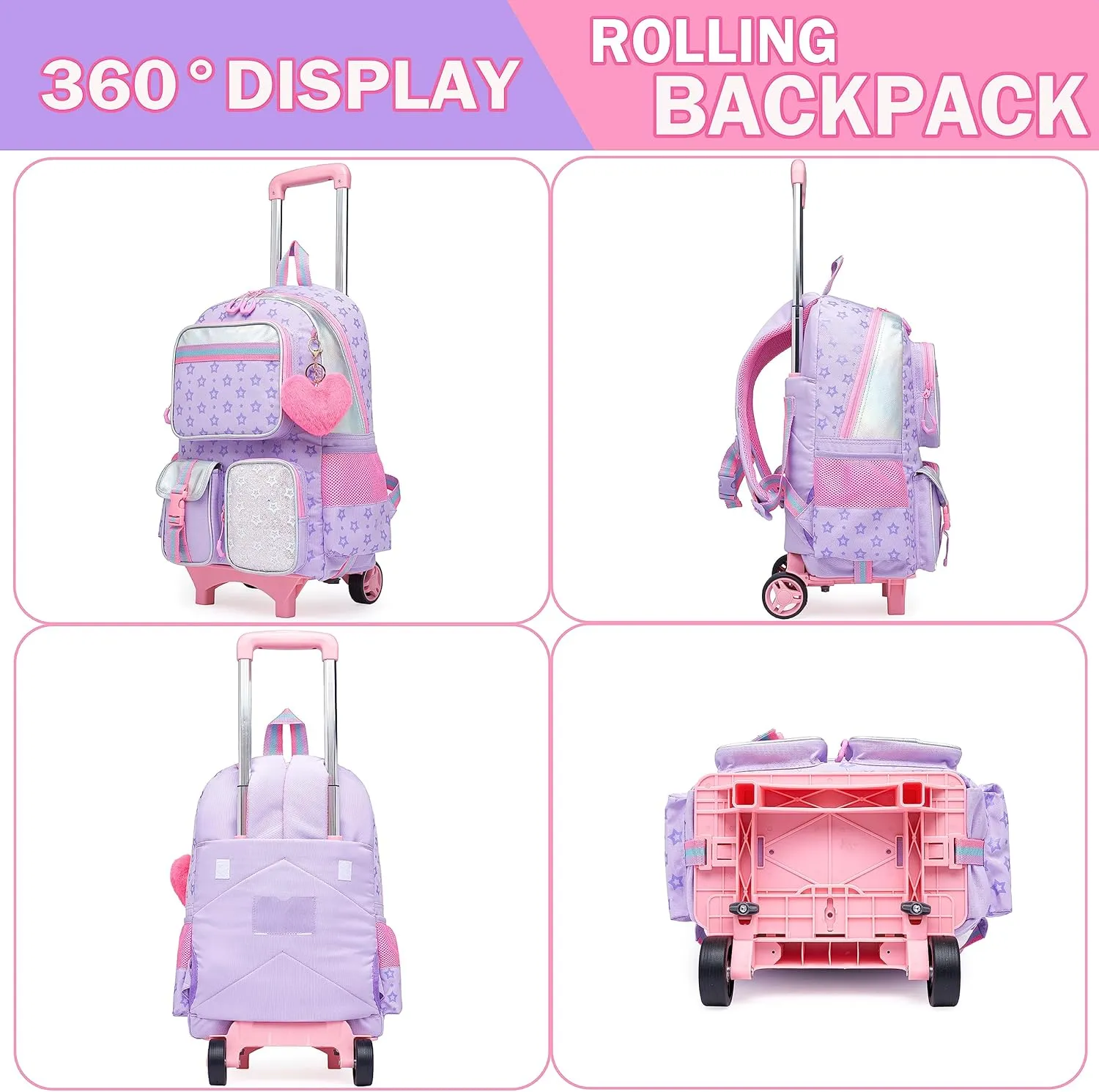 Meetbelify Backpack with Wheels for Girls Rolling Backpack Cute Carry on Backpack with Lunch Box for Elementary Student Teen Girls Luggage Travel Suitcase Girls 8-10 Purple