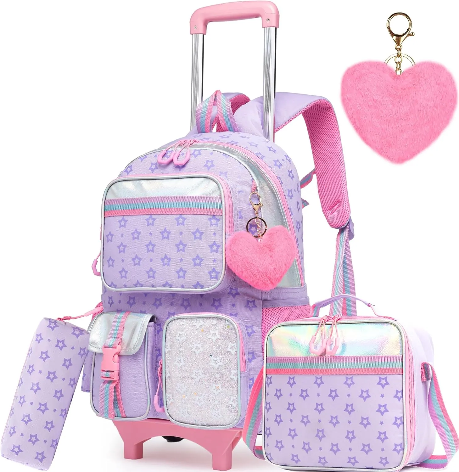 Meetbelify Backpack with Wheels for Girls Rolling Backpack Cute Carry on Backpack with Lunch Box for Elementary Student Teen Girls Luggage Travel Suitcase Girls 8-10 Purple