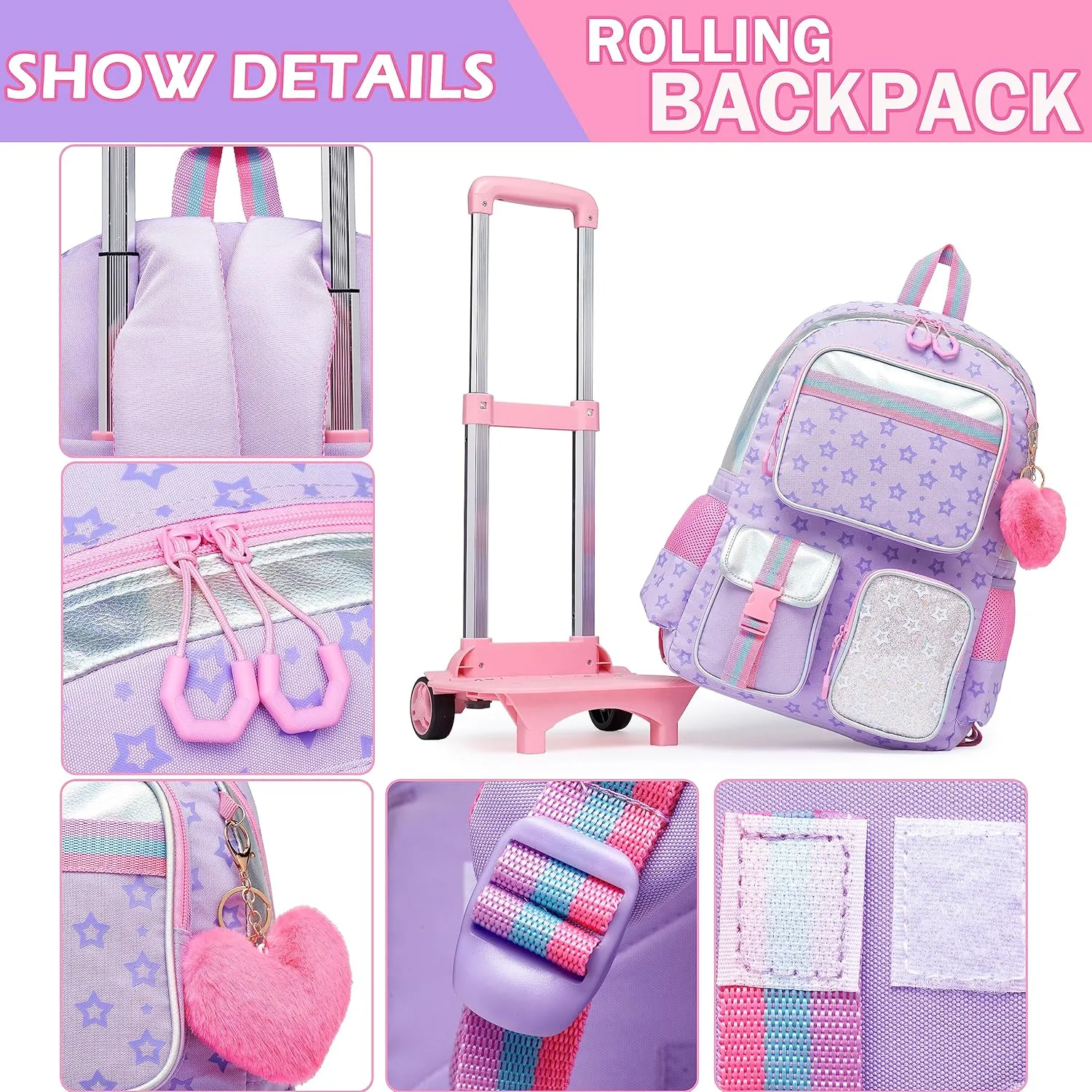 Meetbelify Backpack with Wheels for Girls Rolling Backpack Cute Carry on Backpack with Lunch Box for Elementary Student Teen Girls Luggage Travel Suitcase Girls 8-10 Purple
