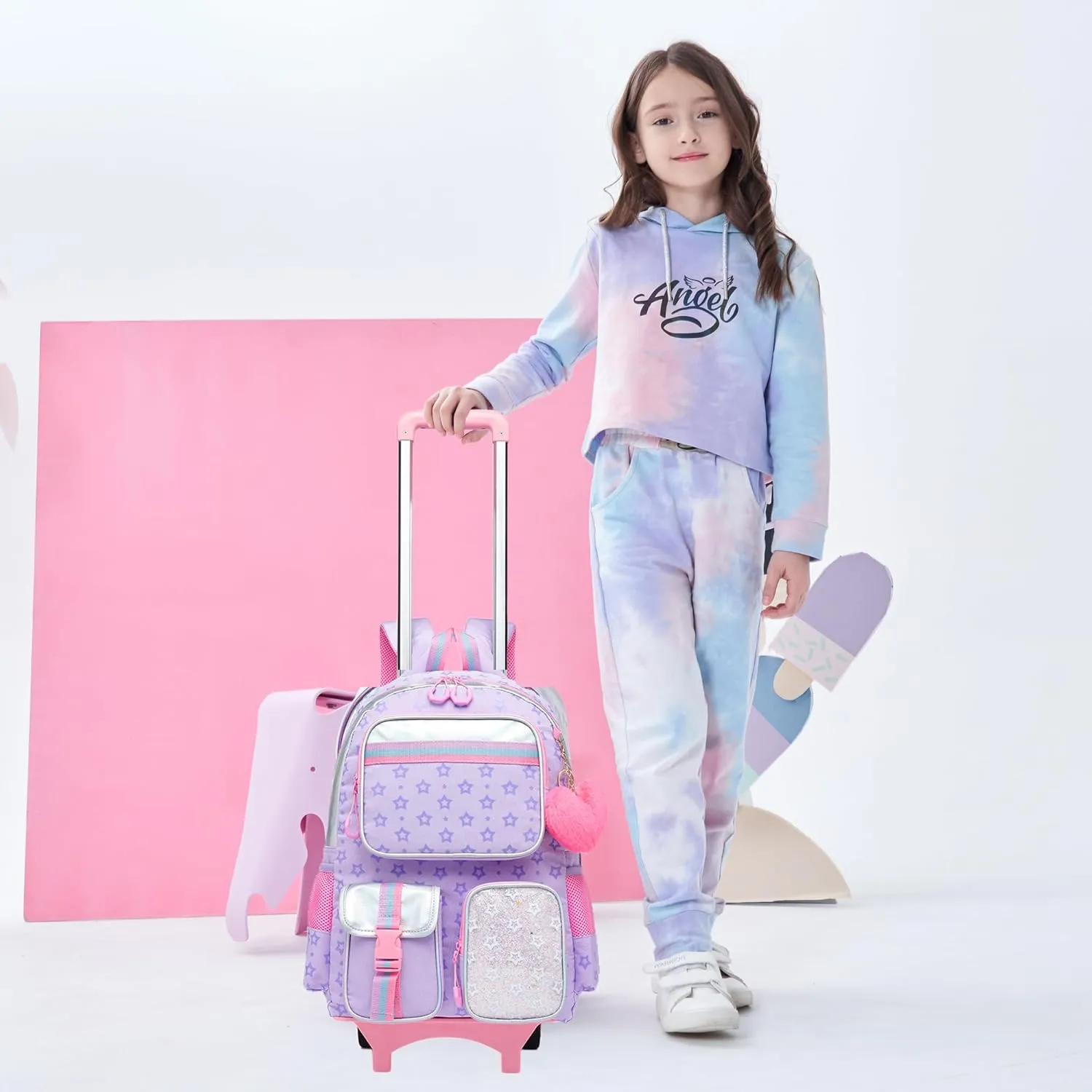 Meetbelify Backpack with Wheels for Girls Rolling Backpack Cute Carry on Backpack with Lunch Box for Elementary Student Teen Girls Luggage Travel Suitcase Girls 8-10 Purple