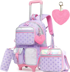 Meetbelify Backpack with Wheels for Girls Rolling Backpack Cute Carry on Backpack with Lunch Box for Elementary Student Teen Girls Luggage Travel Suitcase Girls 8-10 Purple