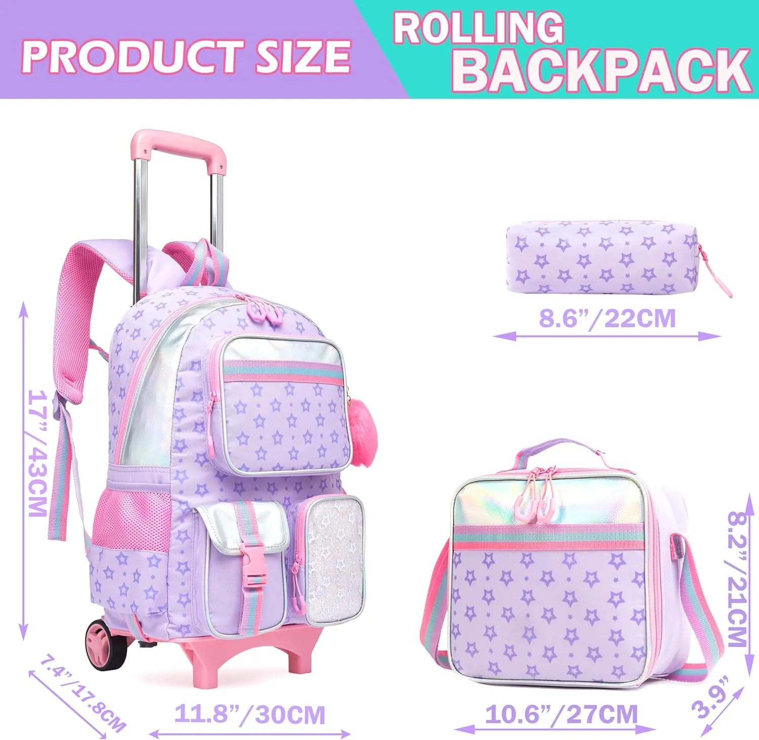 Meetbelify Backpack with Wheels for Girls Rolling Backpack Cute Carry on Backpack with Lunch Box for Elementary Student Teen Girls Luggage Travel Suitcase Girls 8-10 Purple