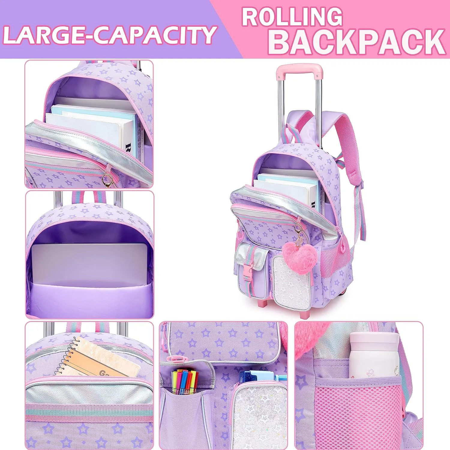 Meetbelify Backpack with Wheels for Girls Rolling Backpack Cute Carry on Backpack with Lunch Box for Elementary Student Teen Girls Luggage Travel Suitcase Girls 8-10 Purple