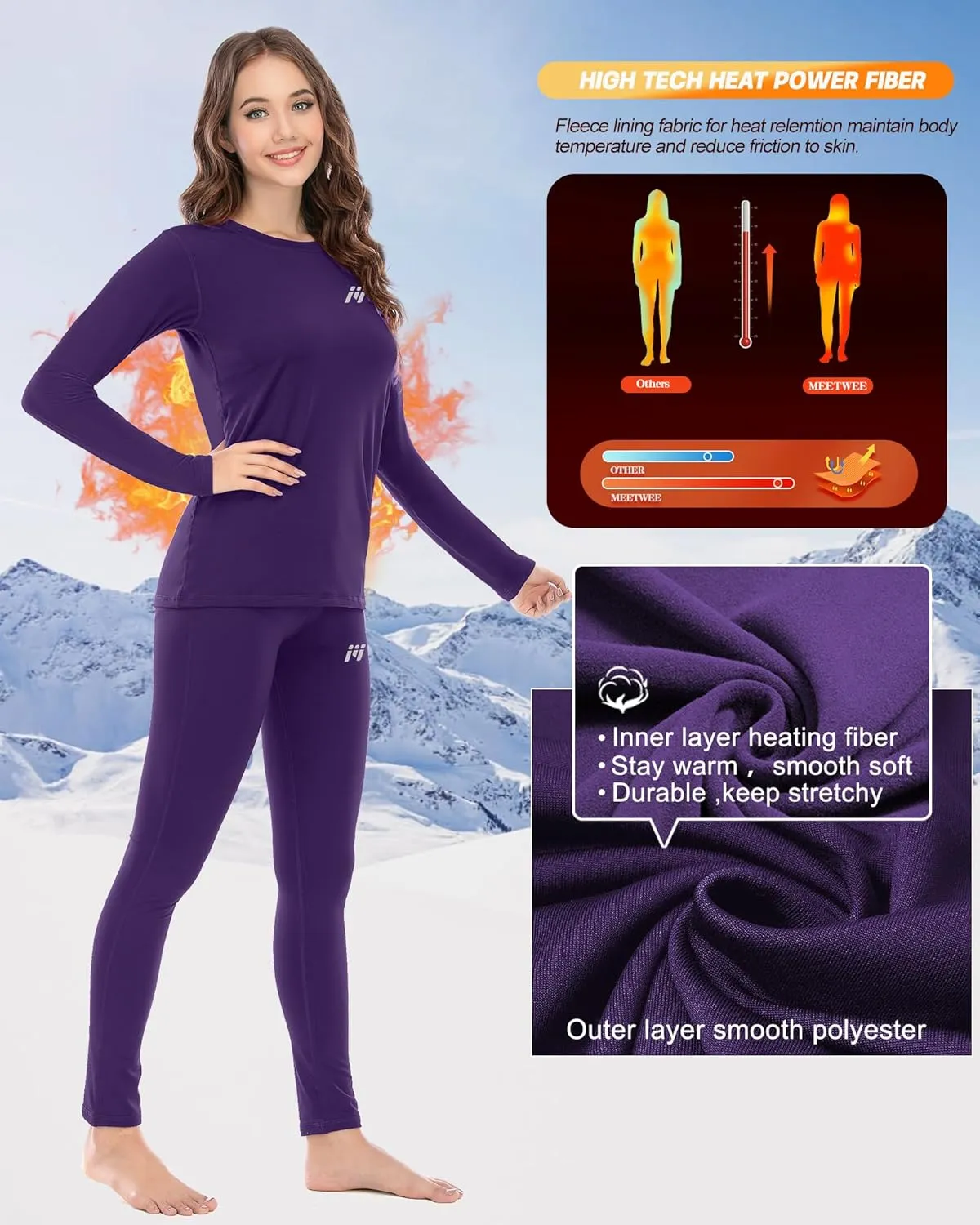MEETWEE Women Thermal Underwear, Winter Warm Base Layer Compression Set, Fleece Lined Long Johns Running Skiing