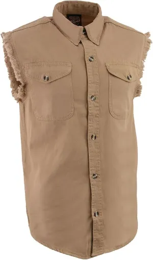 Mens Classic Light Weight Cotton Cut Off Button Down Sleeveless Shirt with Frayed Sleeves Many Colors