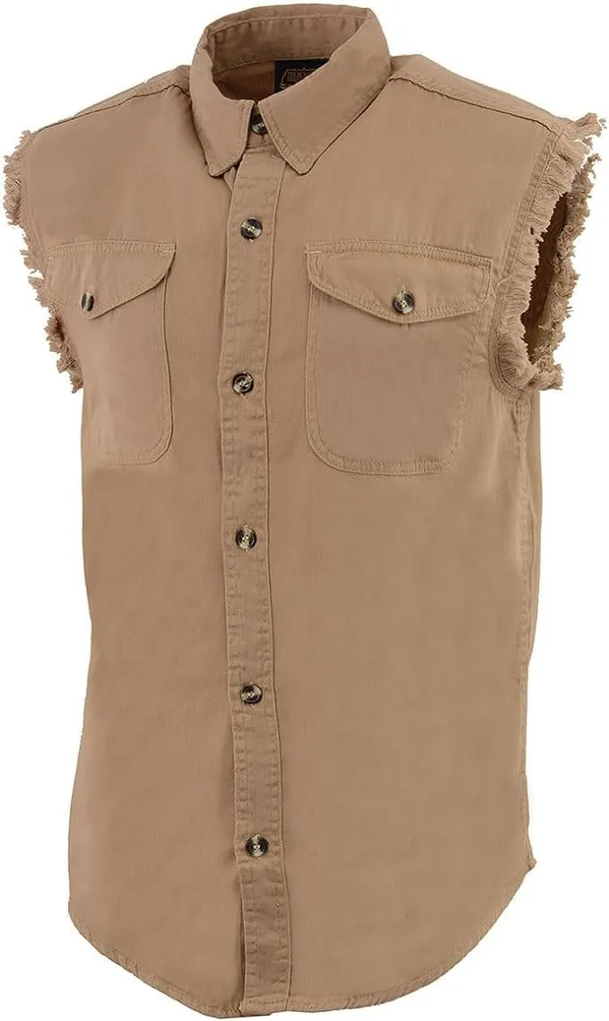 Mens Classic Light Weight Cotton Cut Off Button Down Sleeveless Shirt with Frayed Sleeves Many Colors