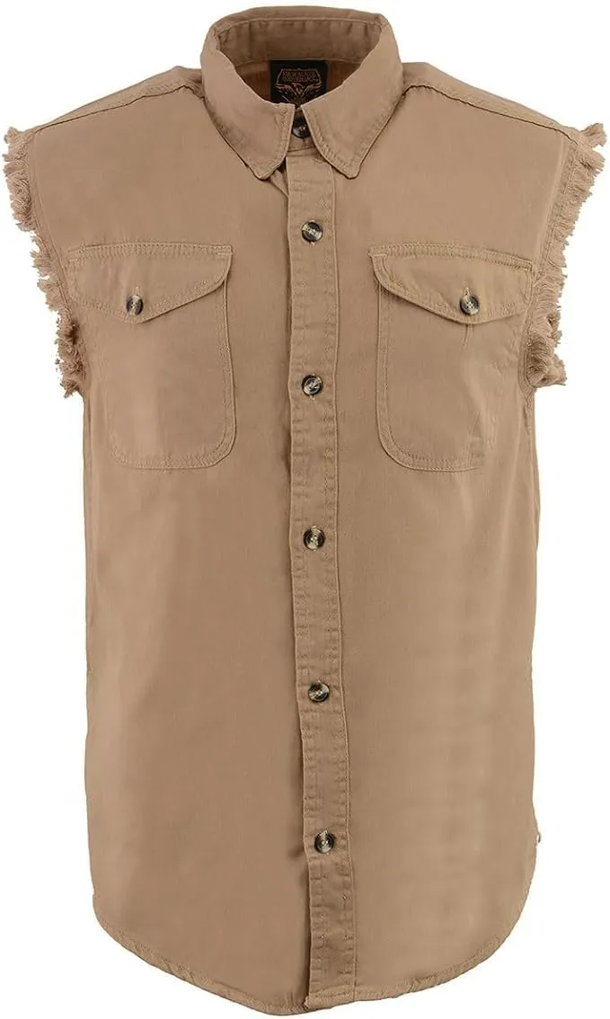 Mens Classic Light Weight Cotton Cut Off Button Down Sleeveless Shirt with Frayed Sleeves Many Colors