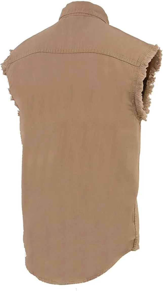 Mens Classic Light Weight Cotton Cut Off Button Down Sleeveless Shirt with Frayed Sleeves Many Colors