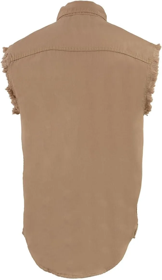 Mens Classic Light Weight Cotton Cut Off Button Down Sleeveless Shirt with Frayed Sleeves Many Colors
