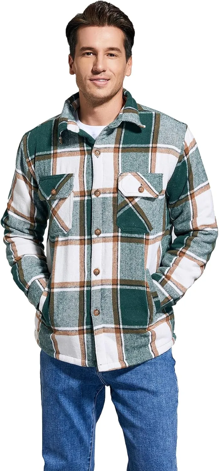 Men's Cotton Flannel Shirt Jacket Fleece Lined Long Sleeve Plaid Shirt for Men