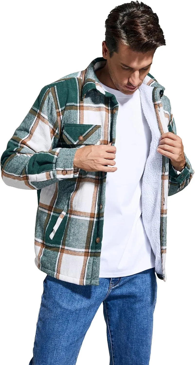Men's Cotton Flannel Shirt Jacket Fleece Lined Long Sleeve Plaid Shirt for Men