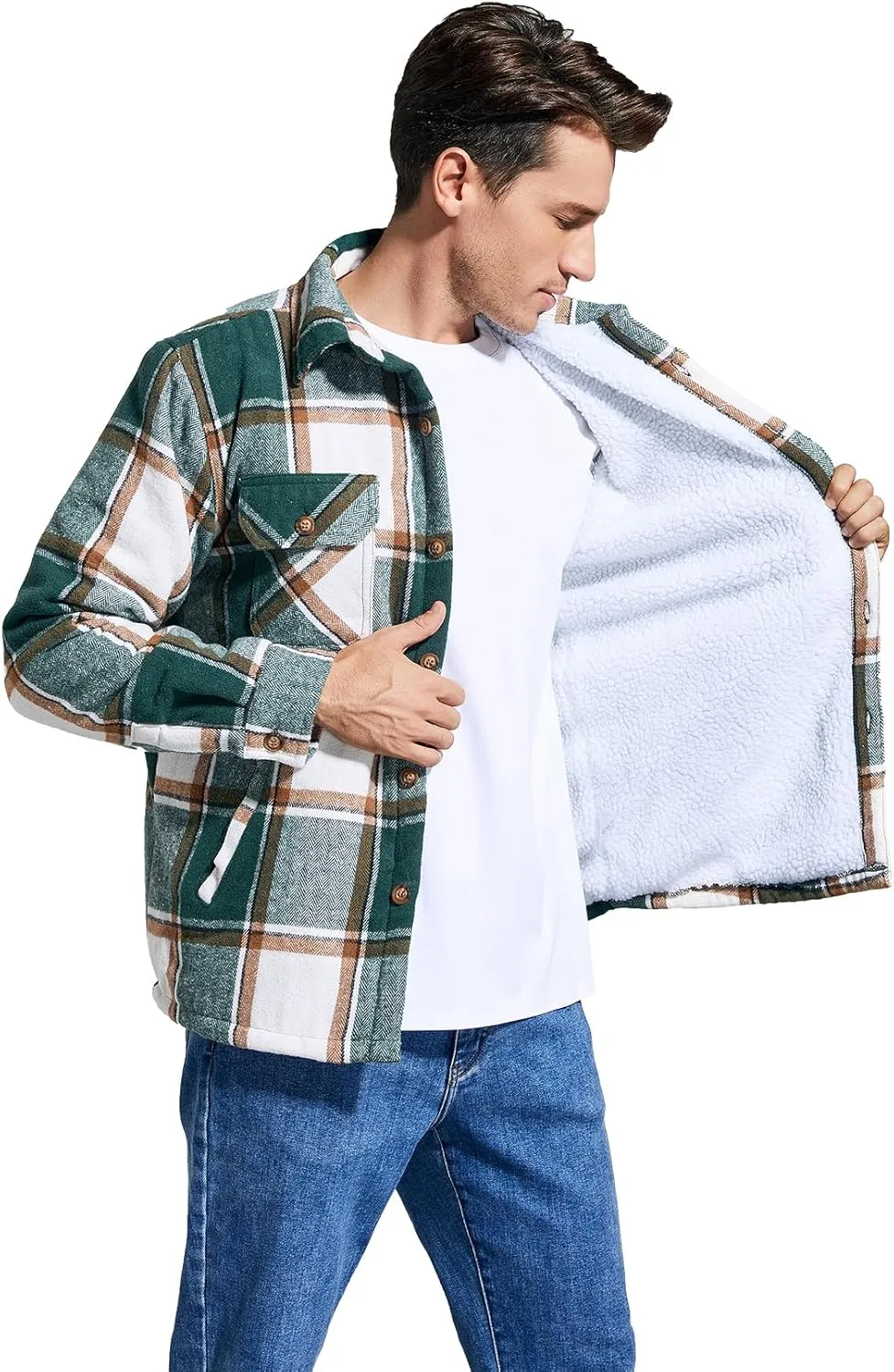 Men's Cotton Flannel Shirt Jacket Fleece Lined Long Sleeve Plaid Shirt for Men