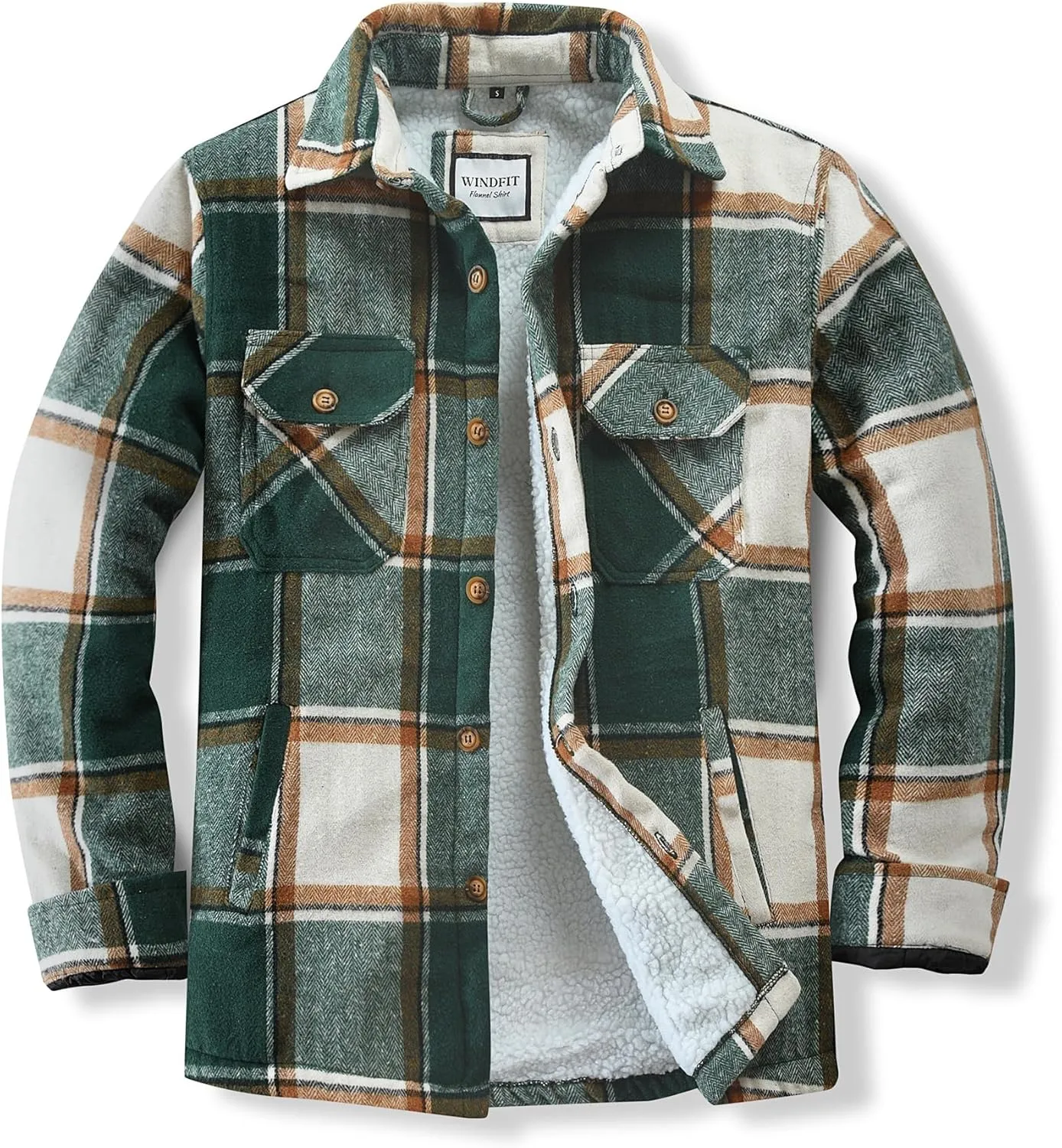 Men's Cotton Fleece Lined Long Sleeve Plaid Shirt for Men