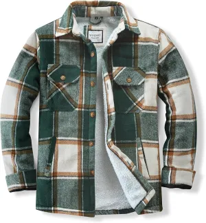 Men's Cotton Fleece Lined Long Sleeve Plaid Shirt for Men