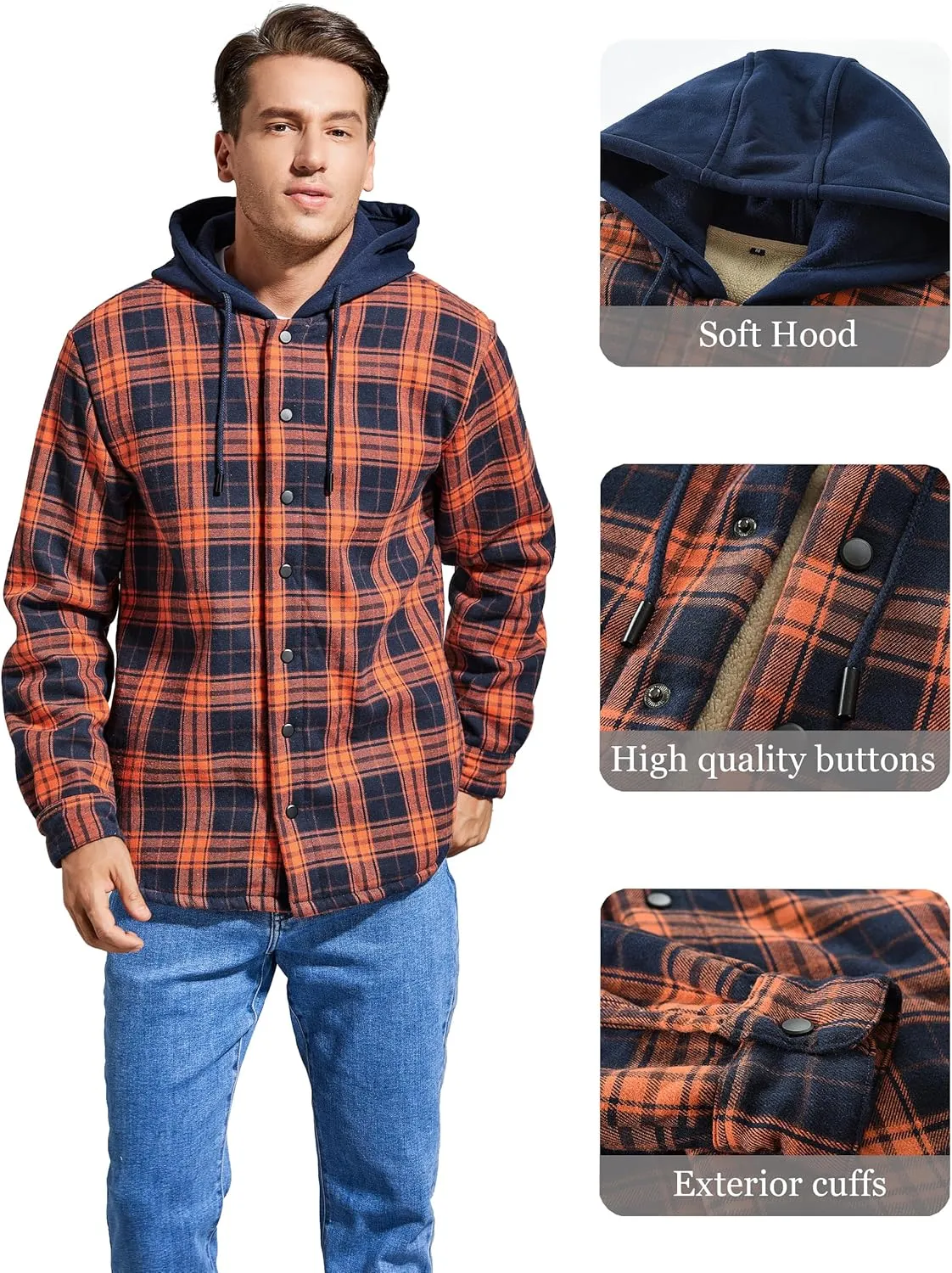 Men's Cotton Plaid Long Sleeve Shirts Jacket Fleece Lined Flannel Shirts Sherpa Button Down Coat with Hood