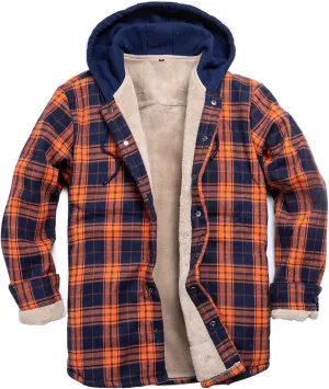 Men's Cotton Plaid Long Sleeve Shirts Jacket Fleece Lined Flannel Shirts Sherpa Button Down Coat with Hood