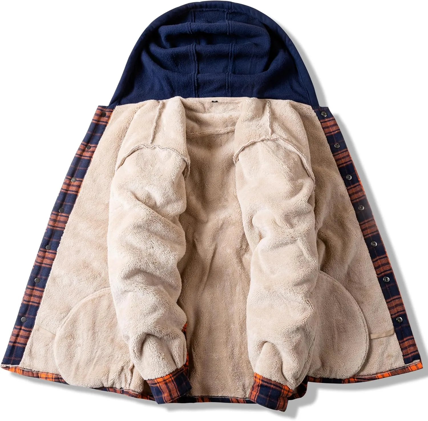 Men's Cotton Plaid Long Sleeve Shirts Jacket Fleece Lined Flannel Shirts Sherpa Button Down Coat with Hood